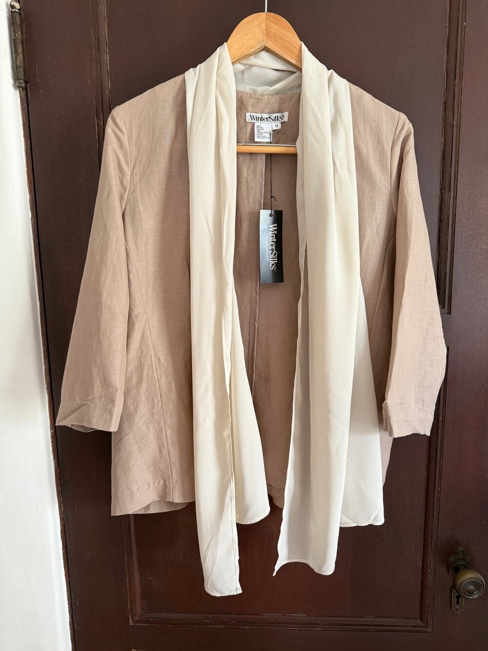 WINTERSILKS | Linen and Silk Tan and cream Drape Collar Overshirt Shacket Medium